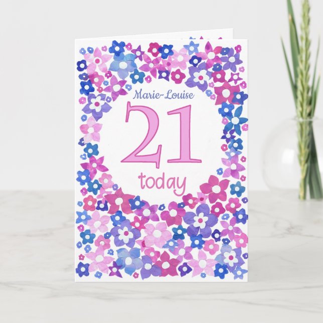 Hübsch Pink Blue Floral Custom Front 21. Geburtsta Karte (Vorderseite)