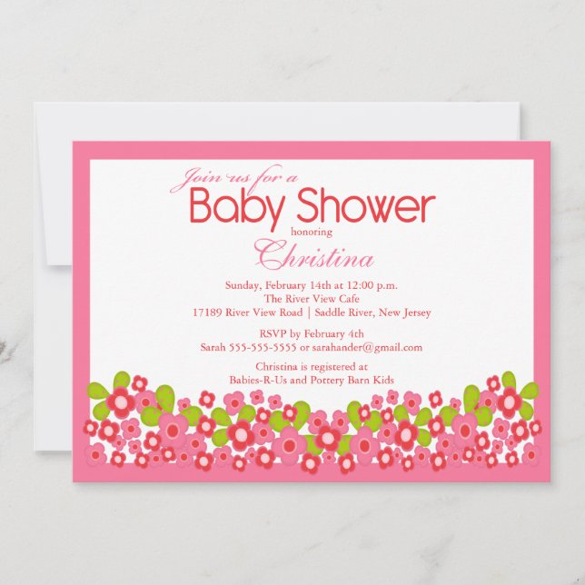 Hübsch Pink Blume Girl Baby Dusche Einladung (Vorderseite)