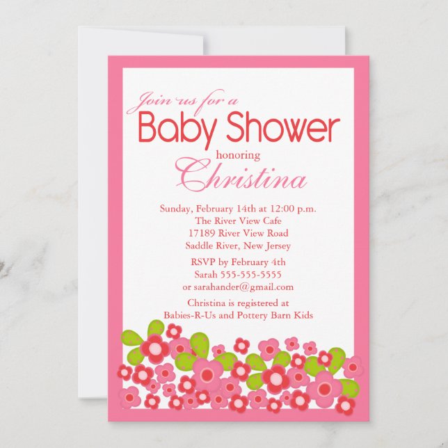 Hübsch Pink Blume Girl Baby Dusche Einladung (Vorderseite)