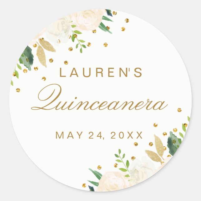 Hübsch Pink Blumen Gold Glitzer Quinceanera Runder Aufkleber (Vorderseite)