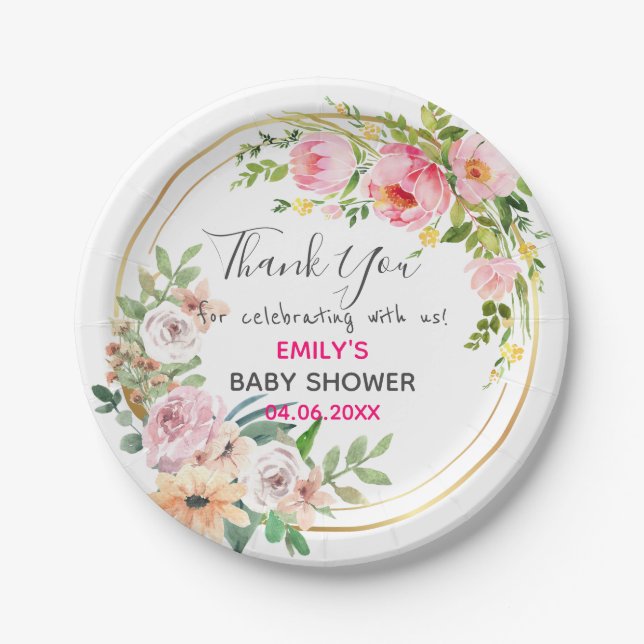 Hübsch Pink Blumenstrauß Dankeschön Kinderdusche Pappteller (Vorderseite)