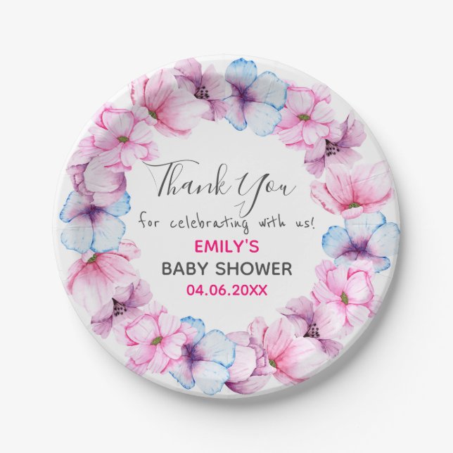 Hübsch Pink Blumenstrauß Dankeschön Kinderdusche Pappteller (Vorderseite)