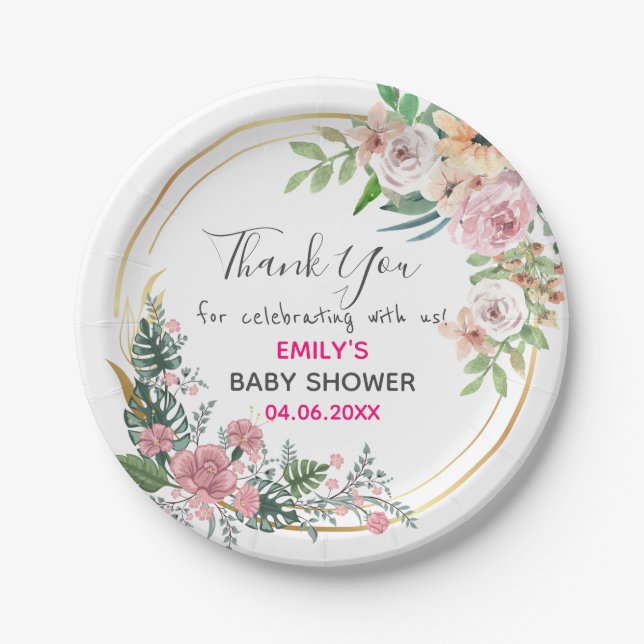 Hübsch Pink Blumenstrauß Dankeschön Kinderdusche Pappteller (Vorderseite)