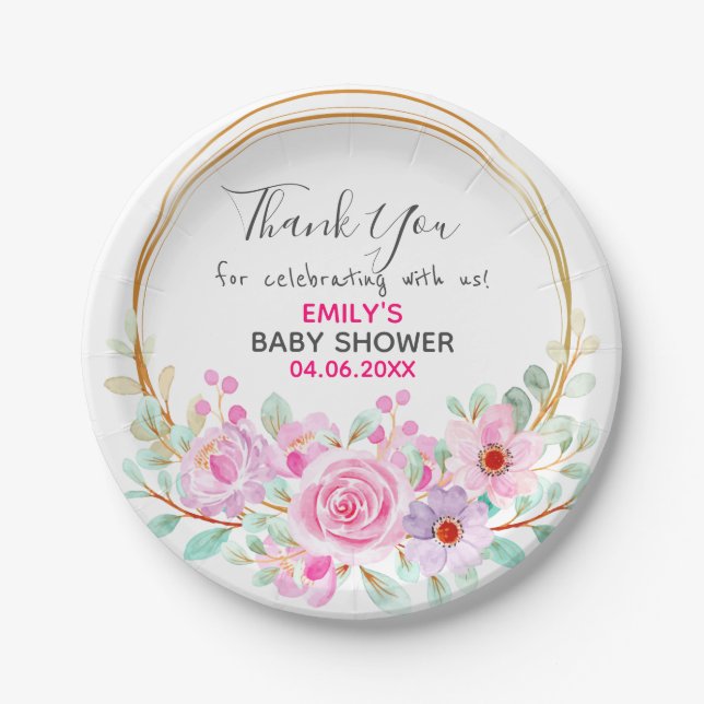 Hübsch Pink Blumenstrauß Dankeschön Kinderdusche Pappteller (Vorderseite)