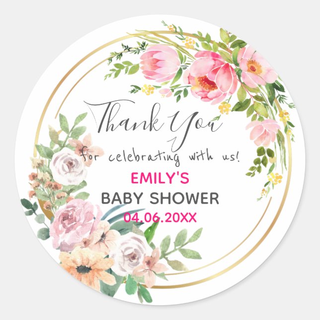 Hübsch Pink Blumenstrauß Dankeschön Kinderdusche Runder Aufkleber (Vorderseite)