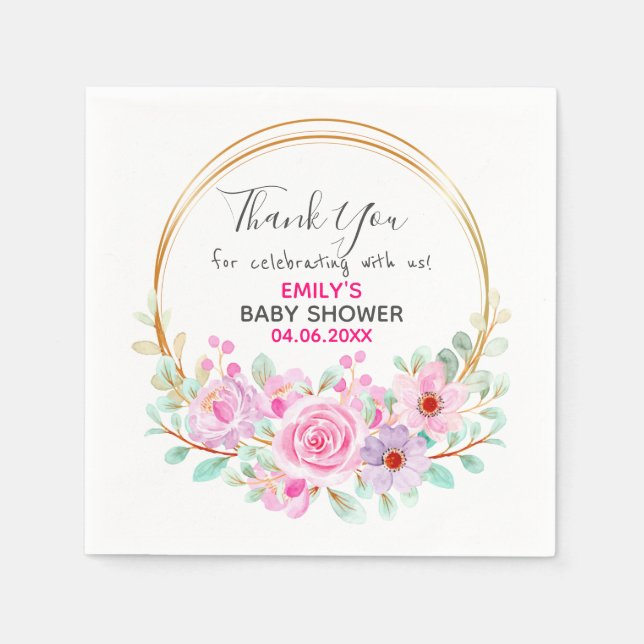 Hübsch Pink Blumenstrauß Dankeschön Kinderdusche Serviette (Vorderseite)