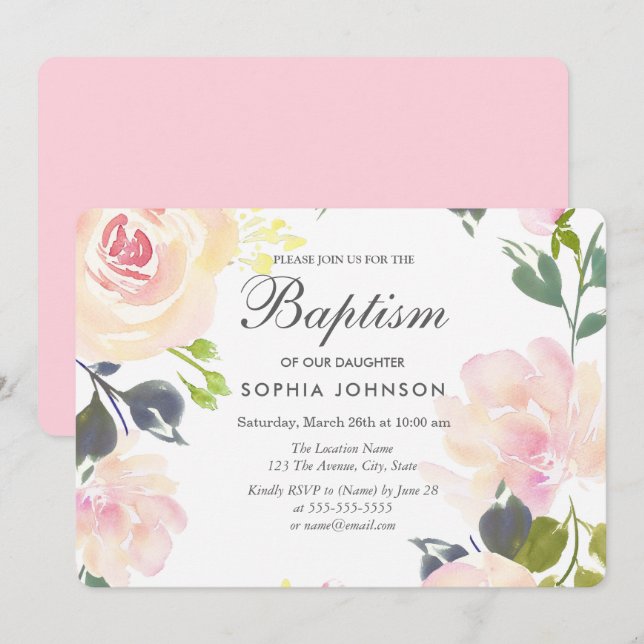 Hübsch Pink Blush Blume Baby Girl Taufe einladen Einladung (Vorne/Hinten)