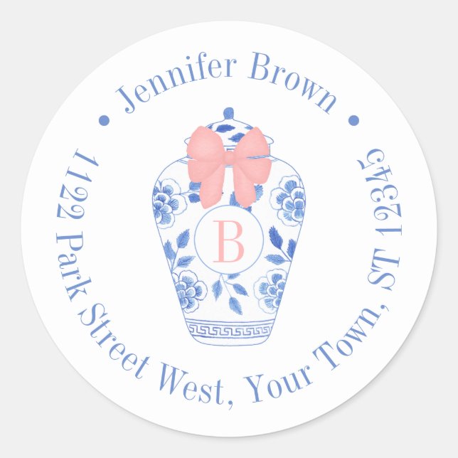 Hübsch Pink Bow Ginger Jar Monogram Rücksendeadres Runder Aufkleber (Vorderseite)