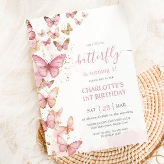 Hübsch Pink Butterflies Girl 1. Geburtstag Einladung