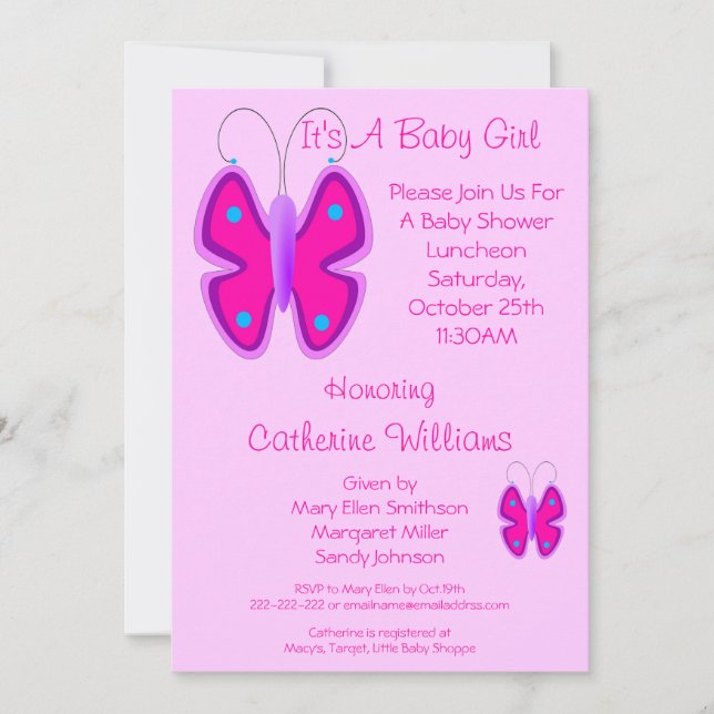 Hübsch Pink Butterfly Es ist eine Babymädchendusch Einladung (Vorderseite)