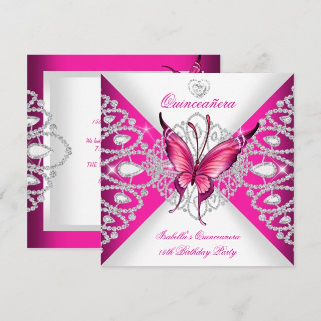 Hübsch Pink Butterfly Tiara Quinceanera 15. Party Einladung (Vorne/Hinten)