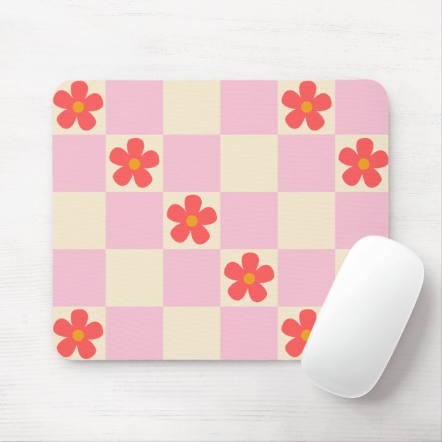 Hübsch Pink Checkered & Orange Groovy Daisy Blume Mousepad (Mit Mouse)