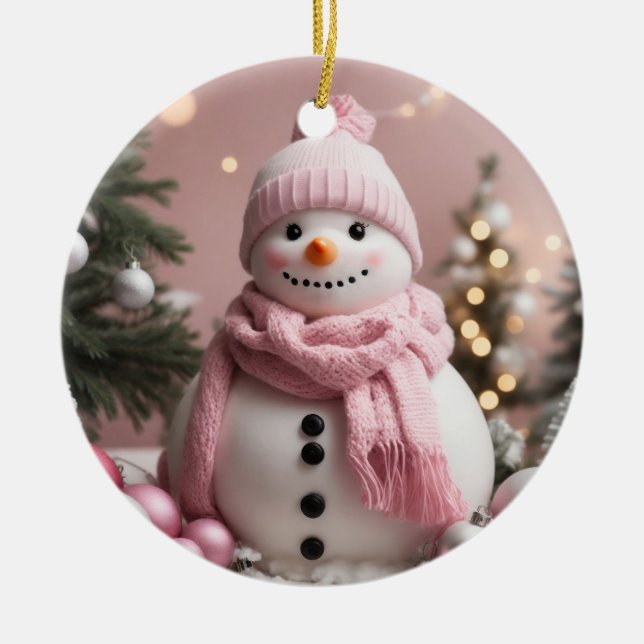 Hübsch Pink Christmas Snowman Keramik Ornament (Vorne)