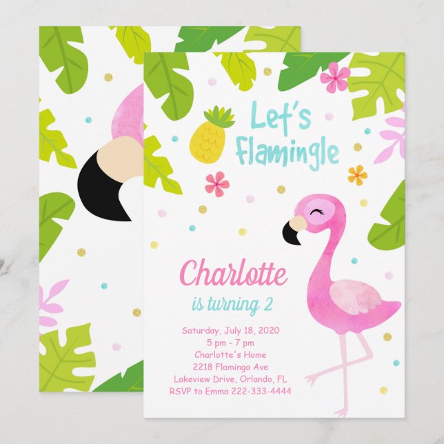 Hübsch Pink Flamingo Birthday Einladung (Vorne/Hinten)