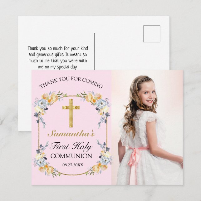 Hübsch Pink Floral 1. Heilige Kommune Danke Po Postkarte (Vorne/Hinten)