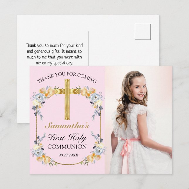 Hübsch Pink Floral 1. Heilige Kommune Vielen Dank Postkarte (Vorne/Hinten)