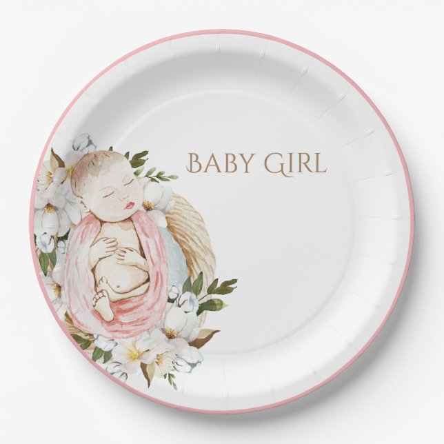 Hübsch Pink Floral Baby Girl Dusche Pappteller (Vorderseite)