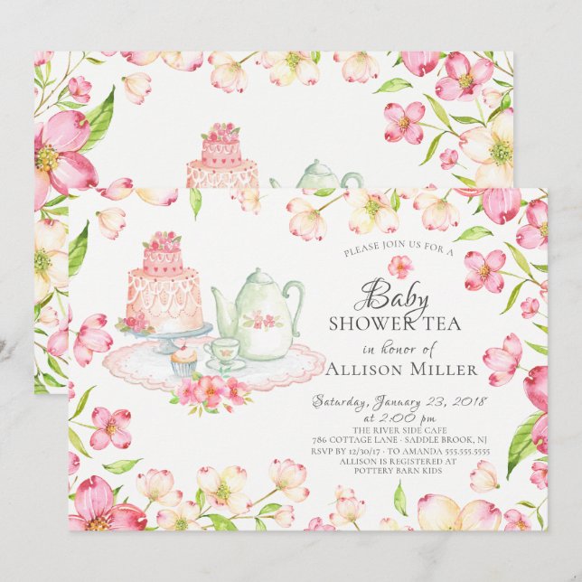 Hübsch Pink Floral Baby Tee Party Einladung (Vorne/Hinten)