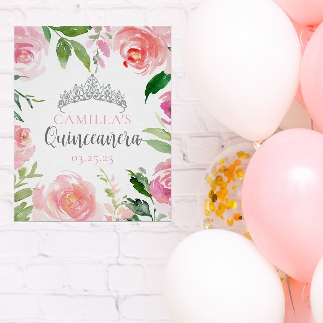 Hübsch Pink Floral Quinceañera Silver Tiara Party Poster (Von Creator hochgeladen)
