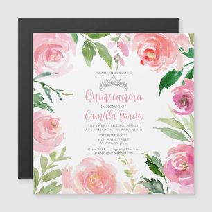 Hübsch Pink Floral Quinceañera Silver Tiara Platz Magneteinladung