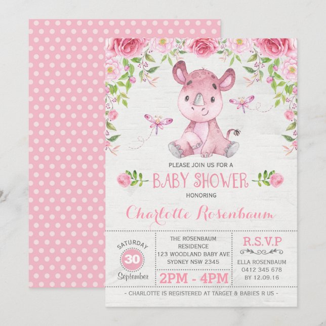 Hübsch Pink Floral Rhinoceros Kindermädchen Dusche Einladung (Vorne/Hinten)