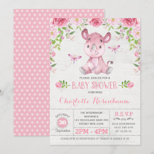 Hübsch Pink Floral Rhinoceros Kindermädchen Dusche Einladung