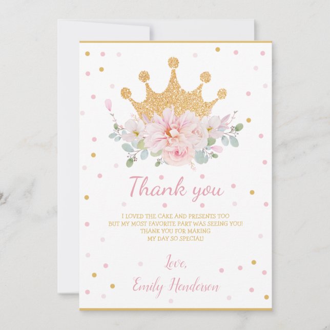 Hübsch Pink Floral Royal Crocess Princess Birthday Dankeskarte (Vorderseite)