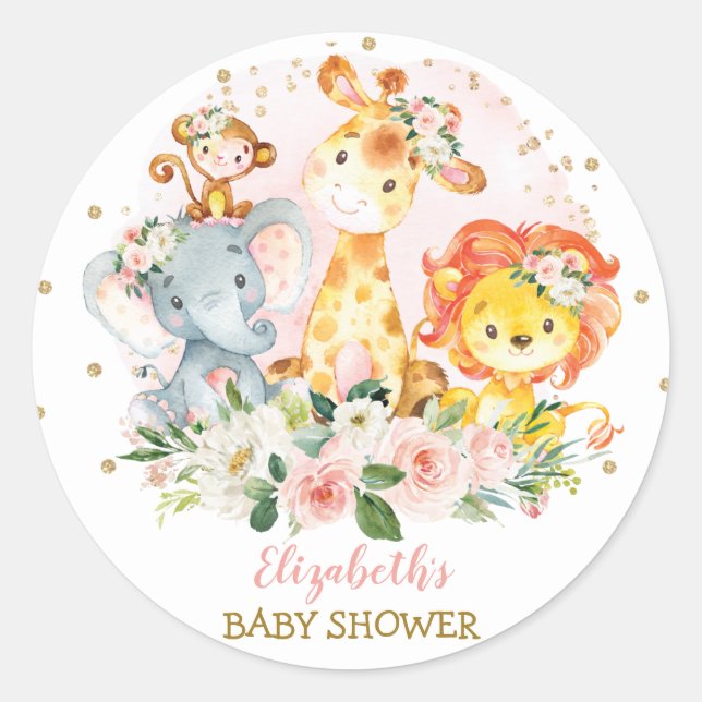 Hübsch Pink Floral Safari Tiere Kinderdusche Runder Aufkleber (Vorderseite)