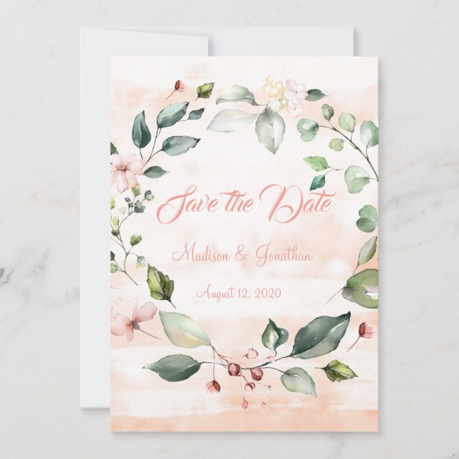 Hübsch Pink Floral Script Wreath Save The Date (Vorderseite)