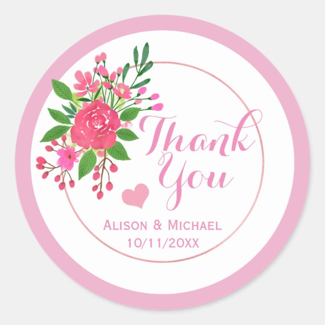 Hübsch Pink Floral Wedding Vielen Dank Runder Aufkleber (Vorderseite)
