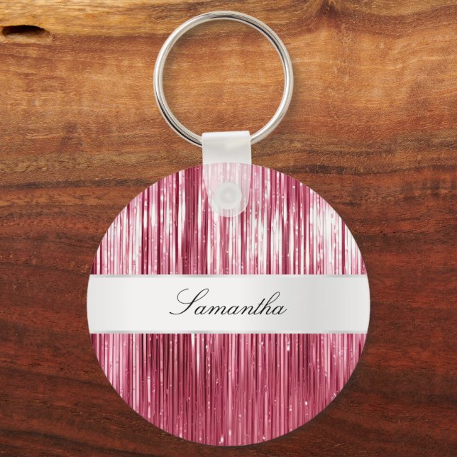 Hübsch Pink Glam Tinsel Streifen Schlüsselanhänger (Vorderseite)