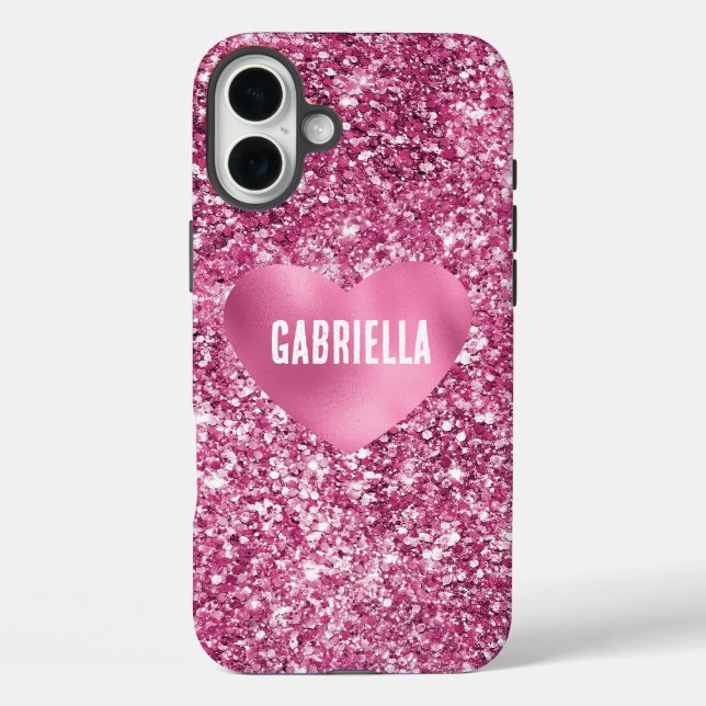 Hübsch Pink Glitzer Glam Herz iPhone 16 Plus Hülle (Rückseite)
