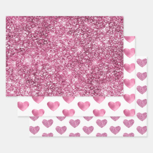 Hübsch Pink Glitzer Glam Herzstück Geburtstag Geschenkpapier Set
