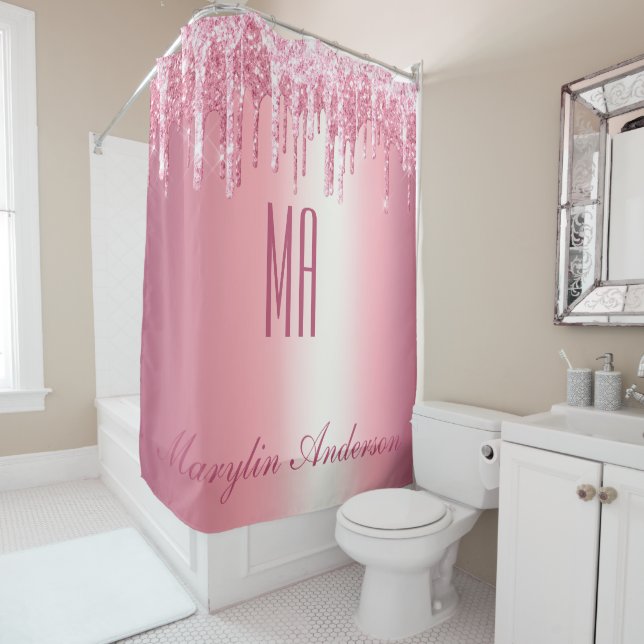 HÜBSCH PINK GLITZER TROPFEN INDIVIDUELLE NAME MONO DUSCHVORHANG (Beispiel)