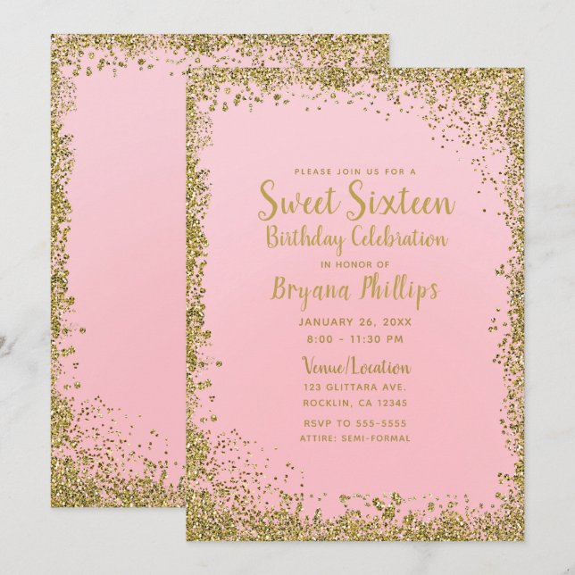 Hübsch Pink & Gold Glitzer Edge Sweet 16 Party Einladung (Vorne/Hinten)