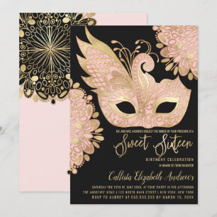 Hübsch Pink Gold Masquerade Maske Sweet 16 Einladung