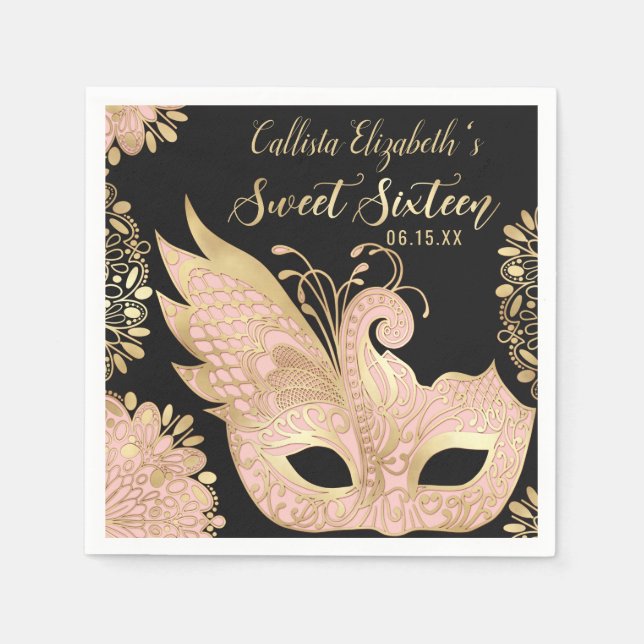 Hübsch Pink Gold Masquerade Maske Sweet 16 Serviette (Vorderseite)