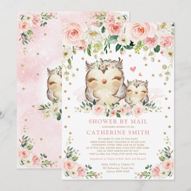 Hübsch Pink & Gold Owl Girl Babydusche per Post Einladung (Vorne/Hinten)