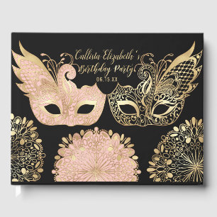 Hübsch Pink Gold Schwarze Masquerge Maske Geburtst Gästebuch