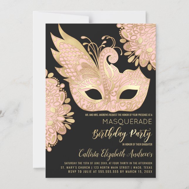 Hübsch Pink Gold Schwarze Masquerge Maske Geburtst Magneteinladung (Vorderseite)