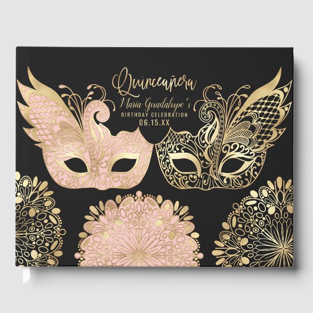 Hübsch Pink Gold Schwarze Masquerge Maske Quinceañ Gästebuch (Vorderseite)