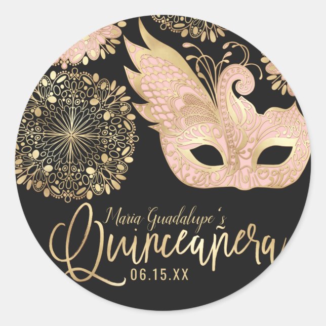 Hübsch Pink Gold Schwarze Masquerge Maske Quinceañ Runder Aufkleber (Vorderseite)