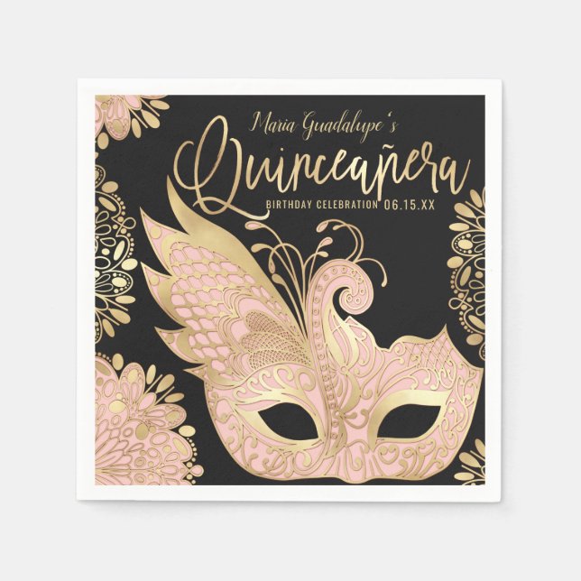 Hübsch Pink Gold Schwarze Masquerge Maske Quinceañ Serviette (Vorderseite)