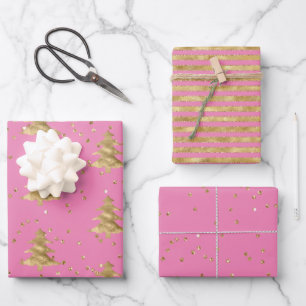 Hübsch Pink Gold Weihnachtsbaum Glitz Geschenkpapier Set