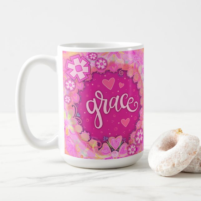 Hübsch Pink Grace Inspiriere One Word Art Kaffeetasse (Mit Donut)