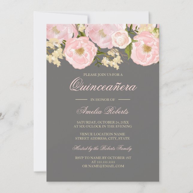 Hübsch Pink Gray Floral Quinceanera Einladung (Vorderseite)