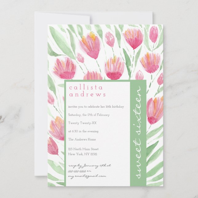 Hübsch Pink Green Tulip Floral Wasserfarbe Süß 16 Einladung (Vorderseite)