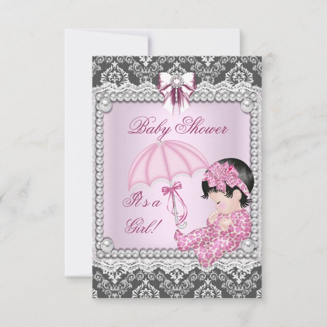 Hübsch Pink Grey Girl Babydusche Einladung (Vorderseite)