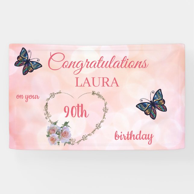 Hübsch Pink Happy 90. Geburtstag Banner (Horizontal)