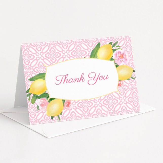 Hübsch Pink Lemons Floral Girl Baby Dusche Dankeskarte (Pretty pink and white tiles with lemons and pink floral detail baby girl shower thank you cards)